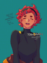  1girl 2026 black_hairband black_shirt breasts closed_eyes commentary dated gundam gundam_suisei_no_majo hair_ornament hairband hairclip ivy_hermit laughing medium_breasts open_mouth red_hair shirt short_hair smile solo suletta_mercury thick_eyebrows upper_body x_hair_ornament 