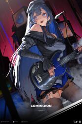  1girl black_hair black_hat black_shirt blue_eyes blue_hair blue_nails blue_skirt blush breasts brown_thighhighs colored_inner_hair commentary commission commissioner_name cowboy_shot earrings english_commentary fingernails guitar hair_between_eyes hair_ornament hat highres holding holding_guitar holding_instrument instagram_logo instagram_username instrument jewelry jin_yu0810 large_breasts long_sleeves looking_to_the_side multicolored_hair nail_polish off-shoulder_shirt off_shoulder open_mouth original pixiv_logo pixiv_username playing_guitar playing_instrument shirt skirt solo television thigh-highs twitter_username twitter_x_logo two-tone_hair x_hair_ornament 