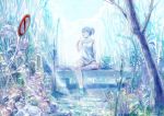  aki_(aporo_body) aqua arm_support barefoot blue bucket cloud clouds creek feet_in_water grass looking_away muted_color open_mouth original popsicle profile road_sign short_hair short_ponytail sign sitting sky soaking_feet solo tree water 