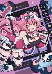  1girl animal_ears beret breasts chattino_(raora_panthera) drawing_tablet fangs goggles goggles_on_head hat highres holding holding_stylus hololive hololive_english large_breasts long_hair panther_ears panther_tail pink_hair raora_panthera raora_panthera_(1st_costume) riricake stylus tail thigh-highs virtual_youtuber white_thighhighs yellow_eyes 