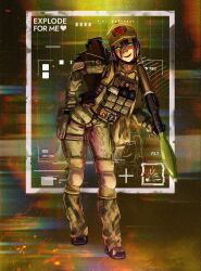  1girl absurdres armor backpack bag blush boots camouflage chainsaw_man chromatic_aberration explosive full_body fyugins_png gloves green_eyes gun hat highres holding holding_gun holding_weapon knee_pads looking_at_viewer military military_hat military_uniform pouch purple_hair reze_(chainsaw_man) rocket_launcher rpg_(weapon) russian_ground_forces russo-ukrainian_war smile solo standing wagner_group weapon weapon_request 