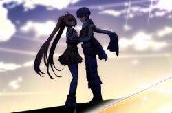  1boy 1girl commentary_request couple eiyuu_densetsu estelle_bright eye_contact floating_scarf hetero hug imminent_kiss joshua_bright long_hair looking_at_another lowres scarf short_hair simple_background skirt sora_no_kiseki_sc twintails xiacheng_tatsuya 