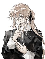  1boy black_ribbon black_robe blonde_hair cassock chinese_commentary commentary_request cross degrees_of_lewdity double-parted_bangs glasses hair_between_eyes hair_ribbon hands_up highres holding holding_cross long_sidelocks long_sleeves looking_to_the_side male_focus nieqingfeng29331 ponytail ribbon robe sidelocks simple_background smile solo sydney_(degrees_of_lewdity) sydney_(male)_(degrees_of_lewdity) upper_body white_background yellow_eyes 
