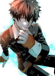  1boy absurdres ai_the_somnium_files ai_the_somnium_files:_nirvana_initiative black_hair black_jacket blue_background finger_to_mouth fingerless_gloves from_above gloves grey_eyes heterochromia highres jacket looking_at_viewer ookutsuwa_waga orange_eyes orange_gloves orange_sweater ryuki_kuruto short_hair solo sweater two-tone_background white_background 