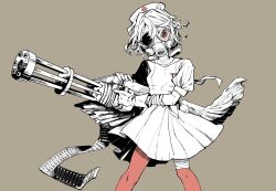  1girl absurdres ammunition_belt bandaged_arm bandaged_leg bandages brown_background commentary_request dress gas_mask gatling_gun gloves greyscale_with_colored_background gun hat highres hinoki_(yesfish1117) holding holding_gun holding_weapon legs_apart looking_at_viewer low_wings mask minigun nurse_cap nurse_robot_type_t nurse_robot_type_t_(vocaloid6) orange_eyes orange_pantyhose pantyhose q_(vocaloid) short_dress short_hair short_sleeves simple_background solo spot_color standing utau vocaloid weapon wings 