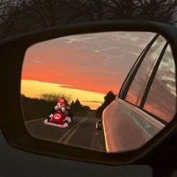  1boy absurdres arms_up blue_eyes blue_overalls car clouds cloudy_sky driving dusk gloves go-kart hat highres male_focus mario mario_kart motor_vehicle noubodying overalls rear-view_mirror red_hat red_shirt road shirt sky steering_wheel super_mario_bros. tree white_gloves 