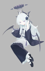  1girl absurdres ahoge alternate_costume black_flower black_halo black_horns black_kimono blue_archive bright_pupils chinese_commentary commentary_request demon_girl demon_horns demon_wings fanshuimucishen flower grey_background hair_flower hair_ornament halo hand_in_own_hair hand_up highres hina_(blue_archive) horns invisible_chair japanese_clothes kimono long_hair looking_at_viewer low_wings multiple_horns purple_wings simple_background sitting solo violet_eyes white_hair white_pupils wings 