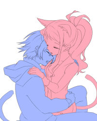  1boy 1girl animal_ears antenna_hair blush cat_ears cat_tail closed_eyes hetero hilbert_(pokemon) hilda_(pokemon) hug multiple_monochrome open_mouth pokemon pokemon_black_and_white ponytail sekka_koyori simple_background tail white_background 