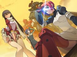  amate_yuzuriha black_hair blue_hair gainax green_eyes grey_suit gundam_gquuuuuux jacket khara machu maid maid_dress nyaan_(gundam_gquuuuuux) red_boots red_eyes red_hair red_suit sailor_collar shuji_ito sunrise_(studio) top_wo_nerae!_(series) top_wo_nerae_2! yellow_eyes 