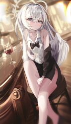  1girl absurdres ahoge aira_po alcohol angel_wings azusa_(blue_archive) bar_(place) bare_legs bare_shoulders between_legs black_bow black_bowtie black_jacket blue_archive blurry blurry_background bow bowtie commentary_request cup drinking_glass feathered_wings hair_between_eyes hair_intakes hand_between_own_legs highres jacket jacket_partially_removed korean_commentary long_hair looking_at_viewer pencil_skirt shirt side_slit sitting skirt sleeveless sleeveless_shirt solo violet_eyes white_hair white_shirt white_wings wine wine_glass wings 