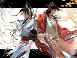  2boys absurdres all_wishes_come_true! arm_wrap back-to-back black_hair black_pants black_sash blue_hanfu blue_trim chinese_clothes chinese_commentary coat commentary_request facial_hair floating_hair ginkgo_leaf hair_bun hair_ornament hair_ribbon half_updo hand_fan hanfu high_ponytail highres holding holding_fan holding_string implied_yaoi jewelry jian_(weapon) layered_sleeves leaf leaf_belt leaf_fan leaf_hair_ornament leaf_ornament letterboxed long_hair long_sleeves looking_down lv_dongbin_(all_wishes_come_true!) male_focus multiple_boys mustache_stubble necklace open_clothes open_coat pants pectoral_cleavage pectorals ponytail profile red_coat red_ribbon red_sash red_shawl ribbon robe sash seal_impression shawl shoulder_strap single_hair_bun standing string string_around_finger string_of_fate stubble sword sword_on_back sword_tassel tassel torn_clothes weapon weapon_on_back weapon_tassel white_hanfu wide_sleeves willow wind xiaowangba488 yaopei zhongli_quan_(all_wishes_come_true!) 