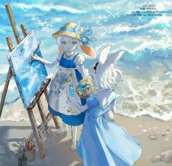  2girls :d :o animal_ears ao_o81 aqua_eyes barefoot black_bow black_hairband blue_bow blue_dress bottle bow bow_hairband commentary dress easel floppy_ears from_above hairband hat hat_bow highres holding holding_bottle holding_paintbrush lop_rabbit_ears medium_dress multiple_girls open_mouth original outdoors paintbrush painting_(action) painting_(object) pinafore_dress puffy_short_sleeves puffy_sleeves rabbit_ears rabbit_girl rabbit_tail sailor_collar sailor_dress sand shirt shore short_hair short_sleeves sleeveless sleeveless_dress smile sparkle standing straw_hat tail twitter_username untranslatable_commentary water water_bottle watermark wavy_hair white_hair white_sailor_collar white_shirt 
