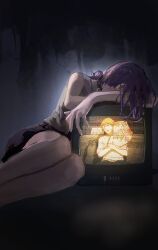  1boy absurdres black_choker black_pants black_ribbon blonde_hair chainsaw_man choker collared_shirt commentary crt denji_(chainsaw_man) grenade_pin hair_bun highres messy_hair necktie pants pull_cord purple_hair reze_(chainsaw_man) ribbon ringed_eyes shirt shirt_tucked_in sleeveless sleeveless_shirt sleeves_rolled_up static television untranslatable_commentary yoswr 