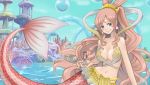 1girl bikini_top blue_eyes blush breasts bubble cleavage coral earrings fish_tail fishiebug giantess grin hat highres holding jewelry long_hair mermaid monkey_d_luffy monster_girl navel one_piece pink_hair scar shell shirahoshi shirtless size_difference sky smile straw_hat water waves 
