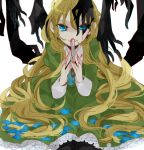  bad_id black_legwear blonde_hair blood blood_on_face bloody_clothes bloody_knife blue_eyes chidori_(@rom) cravat dress green_dress hands ib knife long_hair looking_at_viewer mary_(ib) palette_knife pantyhose petals rose_petals simple_background sitting solo spoilers very_long_hair white_background 