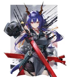  1girl absurdres arknights black_shorts black_sleeves border brown_horns ch'en_(arknights) ch'en_the_dawnstreak_(arknights) closed_mouth commentary cropped_legs detached_sleeves fingerless_gloves gloves grey_gloves hair_between_eyes highres holding holding_sheath holding_sword holding_weapon horns i.ryuu_z long_hair long_sleeves looking_at_viewer outside_border pouch purple_hair purple_tail red_eyes scabbard sheath short_shorts shorts solo standing sword tail unsheathed v-shaped_eyebrows weapon white_border 