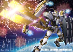  aqua_eyes atlas_gundam character_name commentary_request copyright_name earth_federation electricity energy_gun glowing glowing_eyes gun gundam gundam_thunderbolt holding holding_gun holding_shield holding_weapon mecha mecha_focus mobile_suit no_humans robot saitou_touko science_fiction shield solo thrusters twitter_username v-fin weapon 