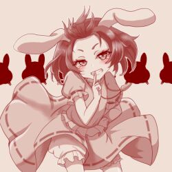  1girl animal_ears bloomers blush carrot_necklace commentary_request dress grin inaba_tewi jewelry looking_at_viewer lowres medium_hair necklace necoyngwie pendant puffy_short_sleeves puffy_sleeves rabbit_ears rabbit_girl ribbon-trimmed_skirt ribbon-trimmed_sleeves ribbon_trim shirt short_sleeves skirt smile solo touhou 