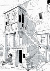  2girls absurdres broken_window building chito_(shoujo_shuumatsu_ryokou) commentary_request dilapidated gloves greyscale gun gun_on_back helmet highres industrial_pipe long_sleeves monochrome multiple_girls nishizuki_shino pants rifle rock shoes shoujo_shuumatsu_ryokou sitting stairs weapon weapon_on_back window yuuri_(shoujo_shuumatsu_ryokou) 