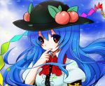  1girl blouse blue_hair blue_sky bow bust clouds finger_to_mouth food fruit gyamo hat hinanawi_tenshi leaf light_particles long_hair looking_at_viewer peach red_eyes sky solo touhou 