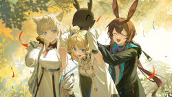  3girls 9_vcat absurdres amiya_(arknights) animal_ears arknights arknights:_endfield ascot bird_ears bird_girl black_coat blonde_hair blue_eyes breasts brown_hair character_request chinese_commentary coat commentary_request dress english_commentary gloves highres in-franchise_crossover large_breasts long_hair multiple_girls perlica_(arknights) purple_ascot rabbit_ears rabbit_girl smile two-sided_gloves very_long_hair white_coat white_dress 