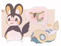  blush blush_stickers crossed_arms dunsparce emolga flustered mxkjxm_(nhss2337) no_humans pokemon pokemon_(creature) pokemon_focus pokemon_mystery_dungeon pokemon_mystery_dungeon:_gates_to_infinity spoken_character squiggle virizion white_wings wings 