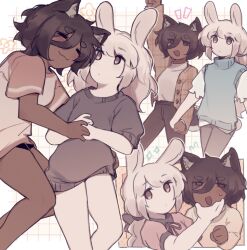  2girls :3 :d =_= animal_ears arm_up bare_legs black_eyes black_hair black_pants blonde_hair brown_eyes dark-skinned_female dark_skin dog_ears dog_girl dog_tail eyes_visible_through_hair feet_out_of_frame flying_sweatdrops grabbing_another's_chin grid_background hair_between_eyes hand_on_another's_chin holding_hands iahtruong long_hair long_sleeves looking_at_viewer lying multiple_girls multiple_views notice_lines on_side open_clothes original pants rabbit_girl rabbit_tail raglan_sleeves shirt_tucked_in short_sleeves small_sweatdrop smile sparkle sweater_vest tail thick_eyebrows turtleneck unmoving_pattern very_dark_skin walking yuri 