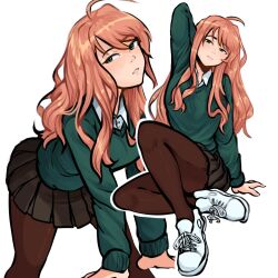  1girl ashytown black_skirt brown_hair brown_pantyhose cardigan collared_shirt commentary doki_doki_literature_club english_commentary green_cardigan green_eyes hair_down highres long_hair long_sleeves looking_at_viewer miniskirt monika_(doki_doki_literature_club) pantyhose parted_lips pleated_skirt shirt shoes simple_background skirt white_background white_shirt white_shoes 