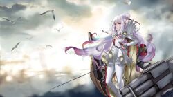 1girl absurdres azur_lane blue_eyes commentary_request corel_painter_(medium) dress feet_out_of_frame from_side highres holding holding_sword holding_weapon le_malin_(azur_lane) long_hair long_sleeves pantyhose rigging setsuka. solo standing sword thighband_pantyhose very_long_hair weapon white_dress white_hair white_pantyhose 
