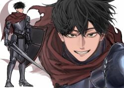  1boy absurdres aegyo_sal armor black_hair breastplate cape character_request commentary_request copyright_request counter cuisses gauntlets gorget grey_armor hair_between_eyes highres hyeseong5987 knee_guards korean_commentary male_focus multiple_views pauldrons red_cape rerebrace sabaton short_hair shoulder_armor simple_background smile solo tassets torn_cape torn_clothes vambraces white_background 
