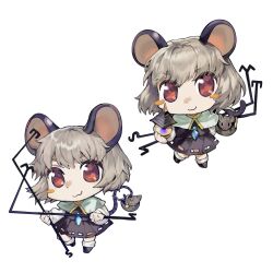  1girl :3 animal_ears basket bishamonten's_pagoda black_skirt black_vest blue_capelet blush_stickers capelet chibi chibi_only chinese_commentary closed_mouth commentary_request dowsing_rod dual_wielding full_body grey_hair highres holding holding_with_tail jewelry long_sleeves looking_at_viewer mouse_(animal) mouse_ears mouse_girl mouse_tail multiple_views nazrin necklace pendant prehensile_tail red_eyes sayoko404 shirt simple_background single_blush_sticker skirt smile tail touhou vest white_background white_shirt 