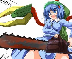  backpack bag blue_eyes blue_hair chainsaw gundam gundam_altron gundam_wing gundam_wing_endless_waltz hair_bobbles hair_ornament hat kawashiro_nitori key mechanical_arms nataku_gundam short_hair short_twintails skirt solo touhou tsuduri twintails two_side_up 