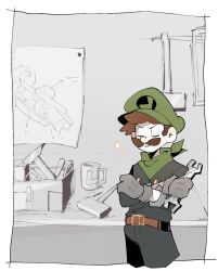  1boy bandana bistarch black_overalls border brown_hair commentary cropped_legs crossed_arms dark_persona facial_hair gloves green_bandana green_hat grey_background grey_gloves hammer happy hat highres holding holding_wrench male_focus mr._l mustache overalls paper_mario_(series) satisfied short_hair smirk solo sparkle super_mario_bros. super_paper_mario toolbox tools untranslatable_commentary white_border wrench 