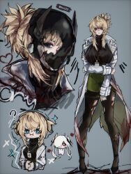  abe_(nikke) absurdres blonde_hair blood blood_on_clothes blue_eyes breasts broken_mask chibi cinderella_(nikke) commentary_request full_body goddess_of_victory:_nikke green_skirt hair_over_one_eye high_heels highres id_card lab_coat lanyard large_breasts mask multiple_views pantyhose ponytail red_eyes ribbed_sweater short_ponytail sidelocks simple_background skirt sweater torn_clothes torn_pantyhose trrr23t turtleneck turtleneck_sweater twintails twitter_username white_hair 