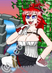  bamboo bamboo_forest blue_archive breasts forest gloves huge_breasts large_breasts megu_(blue_archive) nature onsen original pixel_art red_hair skirt spectersalmon 