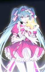  1girl absurdres blue_hair bow bow_hairband bowtie commentary cowboy_shot crossed_bangs dress eyelashes frilled_dress frills gloves gradient_background hair_between_eyes hair_bow hair_intakes hairband hatsune_miku high_collar highres holding holding_wand ima_sugu_rinne_(vocaloid) ingchi long_hair looking_to_the_side multicolored_eyes pantyhose parted_lips pink_dress pink_hairband puffy_short_sleeves puffy_sleeves sad short_dress short_sleeves sidelocks solo sparkle star-shaped_pupils star_(symbol) star_wand striped_bow striped_bowtie striped_clothes symbol-shaped_pupils teeth twintails two-tone_bow two-tone_bowtie under-elbow_gloves untranslatable_commentary very_long_hair vocaloid wand white_gloves white_pantyhose 