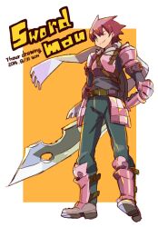  1boy ;) armor belt black_shirt blue_pants border breastplate brown_belt character_name closed_mouth commentary_request dated full_body greaves grey_scarf grey_shoes haruyasai_(sanbunno) holding holding_sword holding_weapon male_focus one_eye_closed orange_background pants pauldrons pink_armor red_hair scarf sekaiju_no_meikyuu sekaiju_no_meikyuu_1 shirt shoes short_hair shoulder_armor smile solo split_mouth standing sword swordsman_(sekaiju) swordsman_3_(sekaiju) weapon white_border 