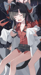  3girls absurdres ahoge black_hair black_horns black_shorts black_tail blue_archive blush chinese_commentary coat coat_partially_removed collared_shirt commentary_request crying_kasumi_(blue_archive) demon_horns demon_tail fanshuimucishen hair_intakes halo highres horns kasumi_(blue_archive) lab_coat long_hair long_sleeves multiple_girls open_mouth prefect_team_member_(blue_archive) red_halo red_shirt shirt shorts sleeves_past_fingers sleeves_past_wrists tail white_coat 