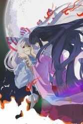  2girls black_hair bow dress fire fujiwara_no_mokou full_moon hair_bow hands_on_another's_face highres hime_cut houraisan_kaguya lei_niao3375 long_hair moon multicolored_bow multiple_girls night open_mouth pink_dress red_bow red_eyes smile touhou white_bow white_hair 