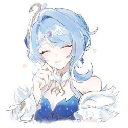  1girl armband bare_shoulders blue_dress blue_gem blue_hair blush braid braided_bun breasts clenched_hand closed_eyes commentary_request dress earrings feather_hair_ornament feathers flower fur_collar gem genshin_impact hair_between_eyes hair_bun hair_ornament hairband hand_on_own_face hand_up highres jewelry medium_breasts multicolored_hair odette_(genshin_impact) purple_gem sato_0204 short_hair sidelocks simple_background single_earring smile solo strapless strapless_dress streaked_hair teeth upper_body wavy_hair white_armband white_background white_feathers white_hair white_hairband 