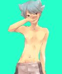  bad_id blue_hair inazuma_eleven inazuma_eleven_(series) inazuma_eleven_go kai_(inazuma_eleven) male shiro_(reptil) shirtless simple_background solo standing 