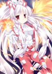  1girl big_hair bow fire flame fujiwara_no_mokou hair_bow hair_ribbon hime_cut iyokan-zeri long_hair long_sleeves pants ponytail red_eyes ribbon silver_hair solo suspenders touhou tress_ribbon very_long_hair 