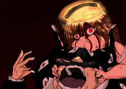  absurdres arm_up biting_another's_hair black_hair bleach bleach:_sennen_kessen-hen blood blood_from_eyes blood_on_face bruise bruise_on_face eating extra_eyes facial_hair grabbing_another's_head halo highres hootjiggle injury inoue_orihime mustache open_mouth red_eyes yhwach 