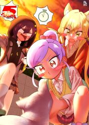  3girls :o absurdres animal_ear_fluff animal_ears artist_name backpack bag blank_eyes blonde_hair blush_stickers bow brown_eyes brown_jacket cat cat_ears commentary drawstring excited fang hair_between_eyes hair_bow haraga_kurumi headphones headphones_around_neck highres hood hood_up hoodie inda_karane jacket kangara0117 kemonomimi_mode kimi_no_koto_ga_dai_dai_dai_dai_daisuki_na_100-nin_no_kanojo long_hair long_sleeves low_twintails miniskirt momi_momiji multiple_girls ohananomitsu_high_school_uniform ohananomitsu_middle_school_uniform orange_sky outdoors plaid_clothes plaid_skirt pleated_skirt ponytail pout purple_hair red_bow school_uniform shirt short_hair skirt sky sparkling_eyes spoken_object squatting sunset sweater_vest twintails v-shaped_eyebrows very_long_hair white_cat white_shirt wing_collar yellow_eyes yellow_sweater_vest 