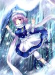  apron bloomers blush boots breasts forest hat lavender_hair letty_whiterock nature neko_kuriya open_mouth purple_eyes scarf short_hair skirt snow snowing solo touhou tree violet_eyes wink 