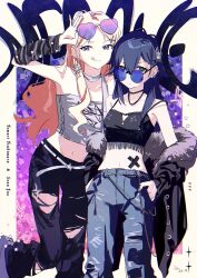  arm_warmers bare_shoulders black_choker black_hair blonde_hair camisole choker commentary denim earrings eyewear_on_head fur_jacket gakuen_idolmaster green_eyes heart heart-shaped_eyewear highres idolmaster jacket jeans jewelry juo_sena midriff navel pants piercing qs11 round_eyewear spaghetti_strap sunglasses tongue tongue_out torn_clothes torn_jeans torn_pants tsukimura_temari untranslatable_commentary 