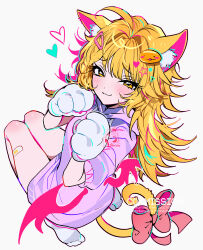  1girl absurdres animal_ear_fluff animal_ears animal_hands blonde_hair bow cat_ears cat_girl cat_paws cat_tail commentary commission dixretsa gloves highres hood hoodie kemonomimi_mode paw_gloves ribbon socks solo tail tail_bow tail_ornament tail_ribbon watermark white_socks yellow_eyes 