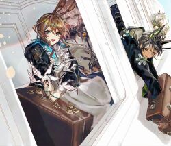  1other 4girls absurdres amiya_(arknights) amiya_(medic)_(arknights) animal_ears arknights ascot black_hair blue_eyes blush brown_hair cat_ears cat_girl cleavage_cutout clothing_cutout doctor_(arknights) dress falling_petals green_eyes green_streaks happy highres holding holding_suitcase horns jacket jewelry kal'tsit_(arknights) kal'tsit_esperanta_(arknights) looking_at_another luggage_tag material_growth mon3tr_(arknights) multicolored_hair multiple_girls multiple_rings nervous_smile nervous_sweating official_alternate_costume open_clothes open_jacket open_mouth oripathy_lesion_(arknights) petals pink_eyes pink_hair rabbit_ears rabbit_girl ring sea_onion0023 sideways_glance sleeves_past_fingers sleeves_past_wrists smile streaked_hair suitcase sweat theresa_(arknights) train white_ascot white_dress white_hair 