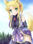  animal_ears arms_behind_back black_legwear blonde_hair breasts dog_days fox_ears fox_tail green_eyes hayami_kyuuen highres japanese_clothes looking_at_viewer smile solo tail thigh-highs thighhighs yukikaze_panettone 