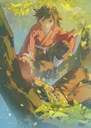  2boys absurdres black_hair black_pants black_socks blue_eyes commentary_request highres in_tree japanese_clothes kimetsu_no_yaiba long_hair looking_at_another male_focus multiple_boys pants pink_hair print_shirt red_shirt sabito_(kimetsu) sandals shirt socks tabi tomioka_giyuu tree wide_sleeves yykdgz2 